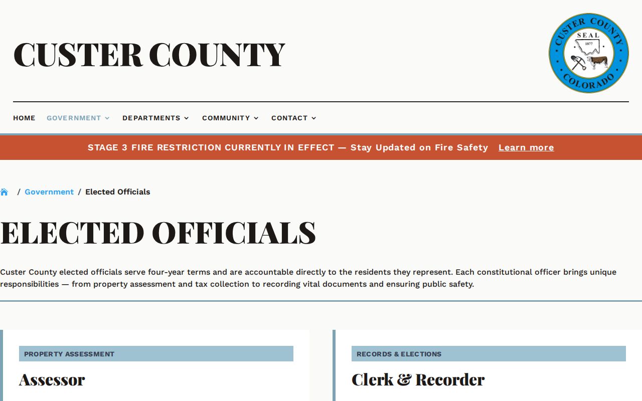 Custer County elected officials directory including the sheriff
