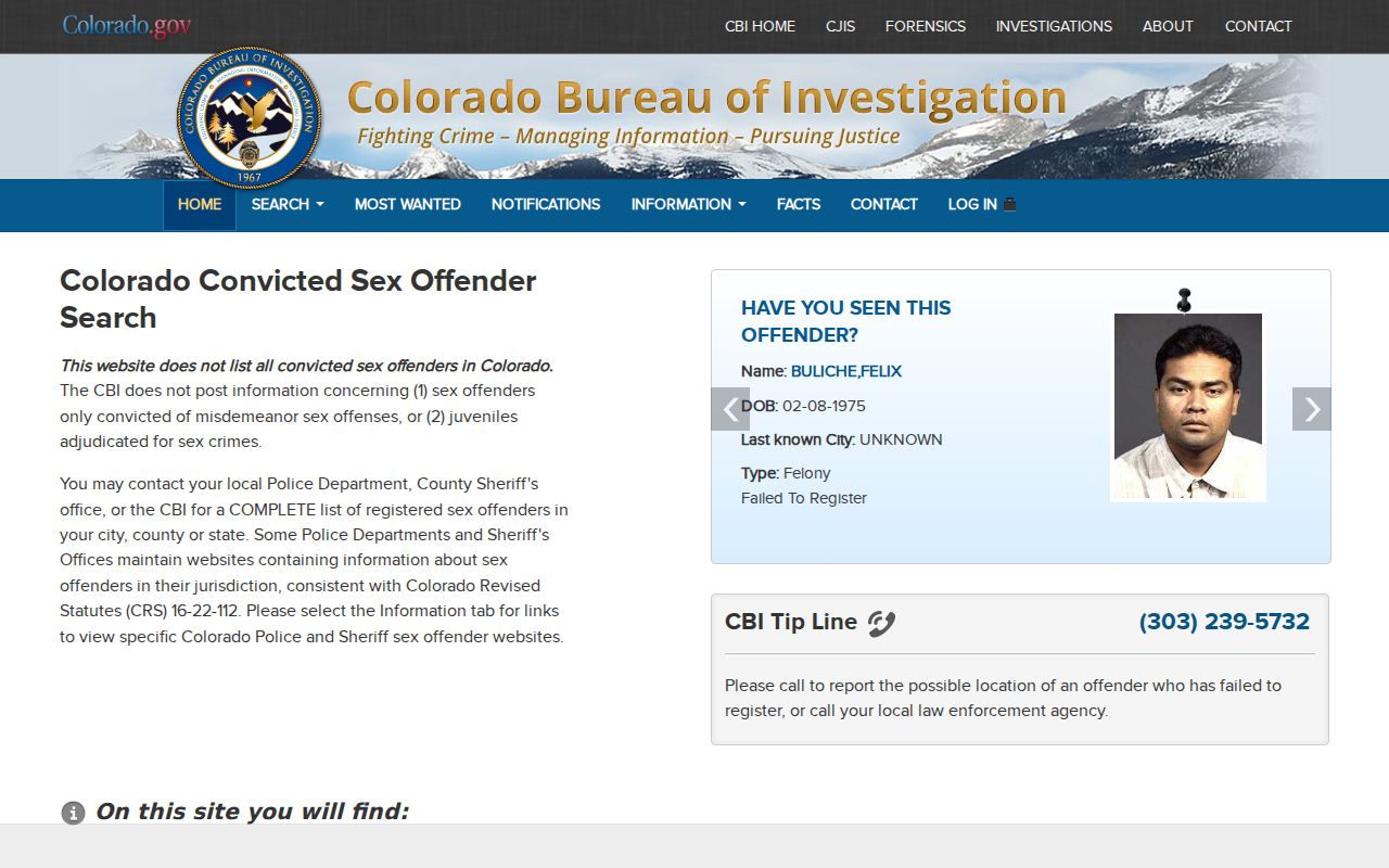 Colorado Sex Offender Registry public search page