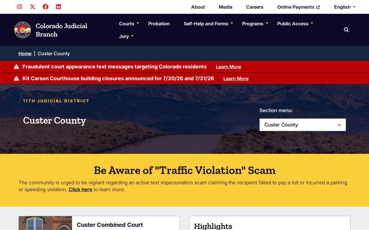Custer County criminal case docket and records request links