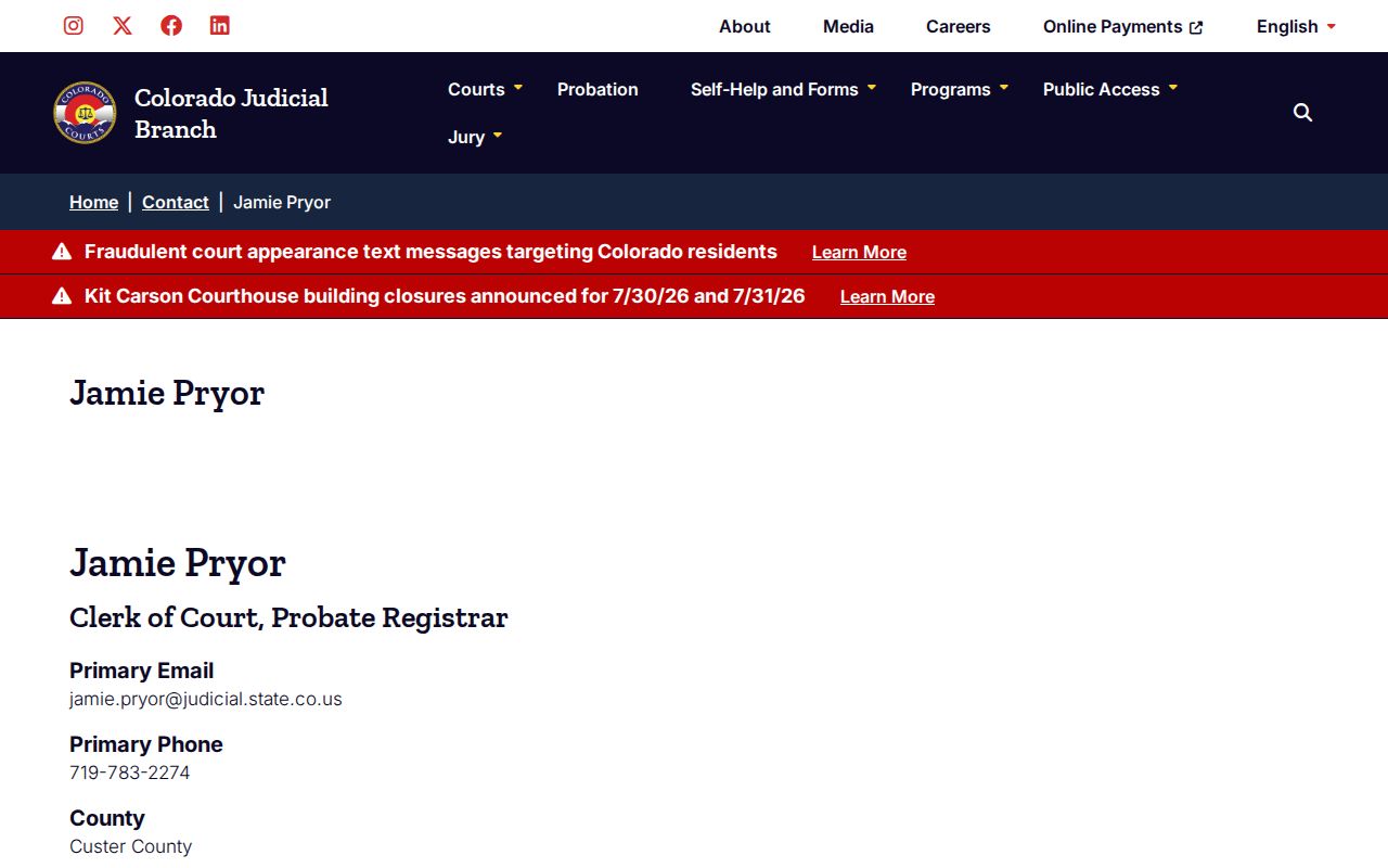 Official Custer County Clerk of Court contact page